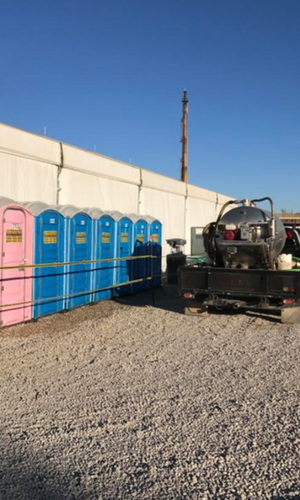 blue and pink portable toilets 